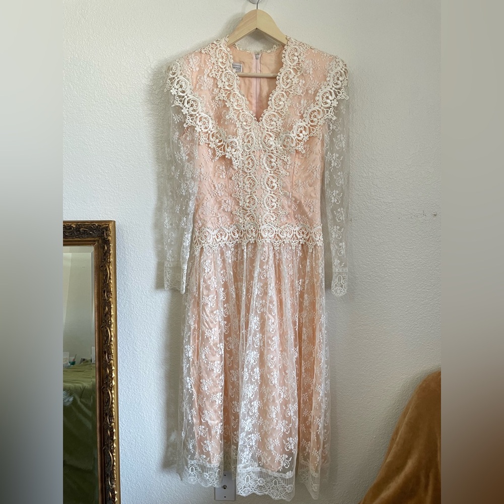 Vintage Jessica McClintock Bridal Lace Long Sleeve Wedding Dress Gown Cream Boho